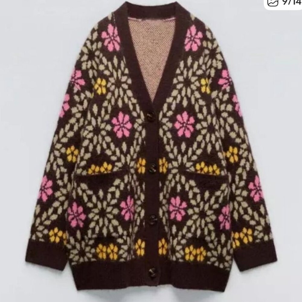 ZARA Oversized Chunky Floral Knit Cardigan Sweater Brown Pink Yellow Size M - Picture 7 of 16